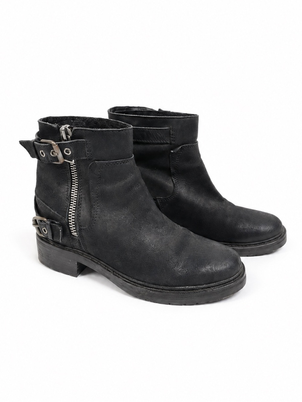 AllSaints 41 Leather Combat Boots black buckle strap lug sole